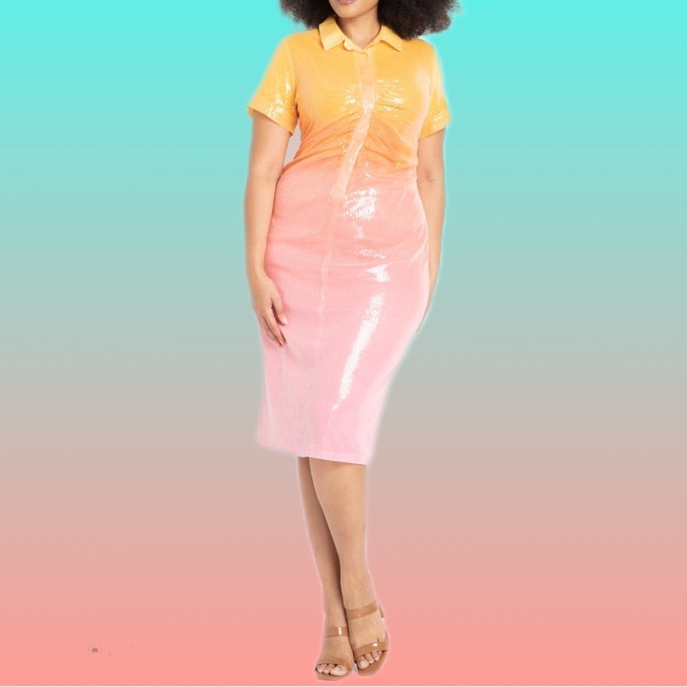 Eloquii Sequin Midi Dress in Pink and Orange